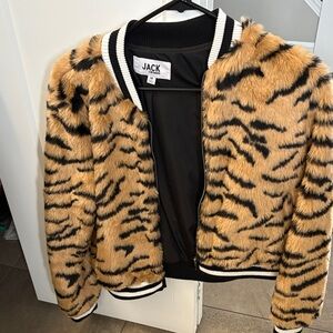Jack by BB Dakota Girls' Faux Fur Tiger-Print Bomber Jacket - Tan & Black